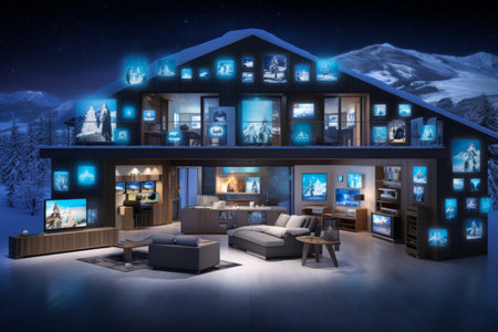 Modern house with many screens in the night. 3D rendering.の素材