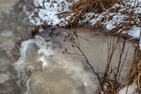 Early spring snow melts, water flowsの写真素材