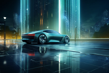 3D rendering of a brand-less generic concept car in the cityの素材