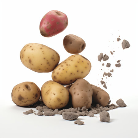 Pile of fresh potatoes with soil isolated on a white background.の素材