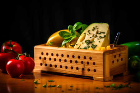 Cheese and vegetables in a wooden box on a black background.の素材