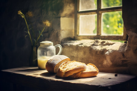 Bread and milk on a wooden table near the window. Rustic style.の素材