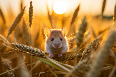 Cute little mouse in a wheat field at sunset. Cute pet.の素材