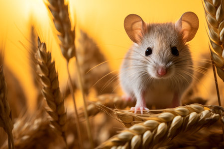 White mouse in a wheat field on a yellow background. Studio shotの素材