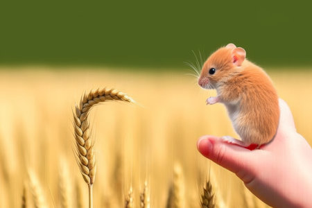 Little hamster in the hand of a farmer in a wheat fieldの素材