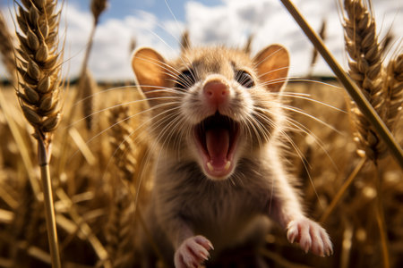Cute little mouse in wheat field on sunny day. Animal portrait.の素材