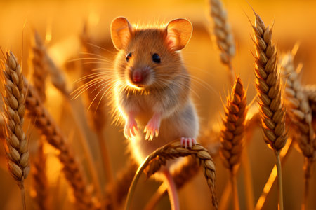 Mouse in a wheat field at sunset. Animal in nature.の素材