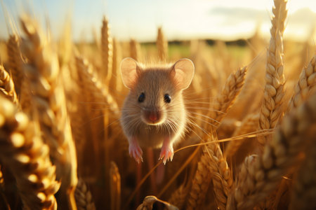 Cute little mouse in wheat field at sunset, closeup viewの素材