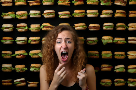 Funny young woman with red curly hair on the background of hamburgersの素材