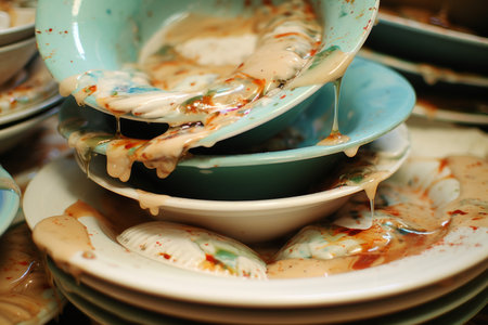 Close up of dirty dishes in a messy kitchen. Selective focus.の素材