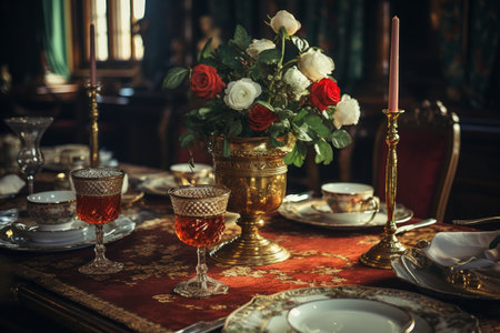 Elegant table setting with flowers in retro style. Selective focus.の素材