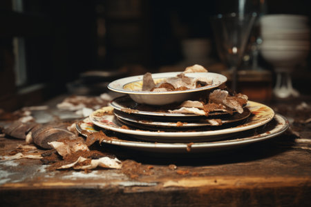 Dirty plates on rustic wooden table. Selective focusの素材