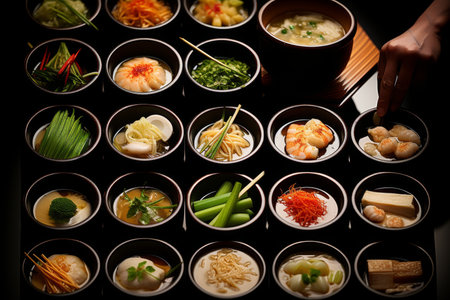 Japanese food set in black ceramic bowls on a black background. Top view.の素材
