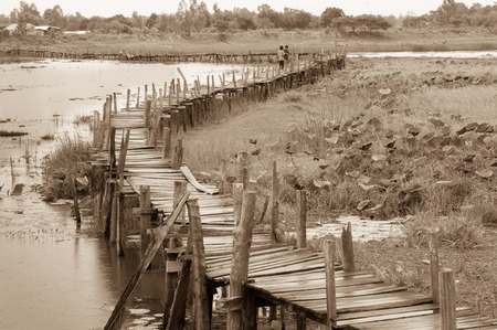 Old wooden  long  bridge cross the lake.の写真素材
