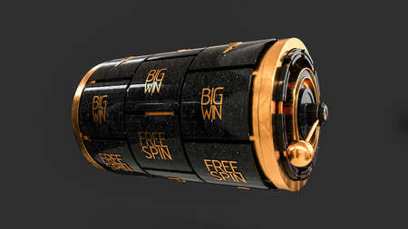 Slot machine, black gold slot machine isolated on dark background. Big win at the casino, free spins...
