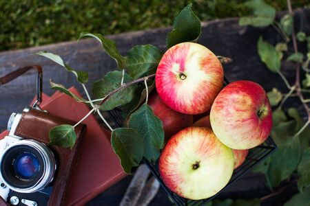 red apples with metal clippers on wooden background