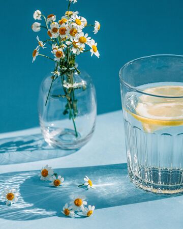 A glass of water with a slice of lemon in a hard light with beautiful shadows on a blue background. Vase with white daisies on a blue background.の写真素材