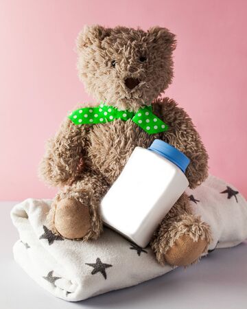 Layout of baby cosmetics for bath and skin care for the baby with a place for entering text and logo.の写真素材