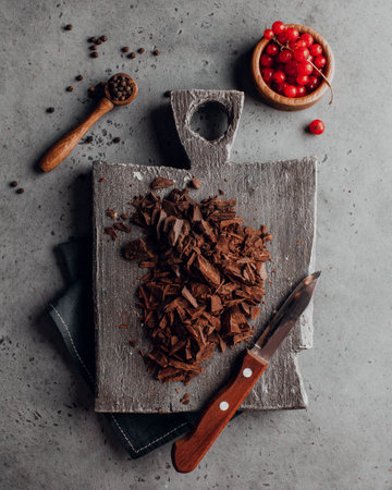 Cut dark chocolate on a Board on a dark background with the taste descriptors red currant and black...