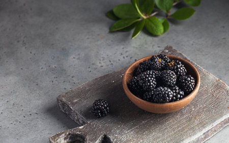 Juicy ripe blackberries on a wooden plate on a gray background. Dark foodphoto. Copy space. High...