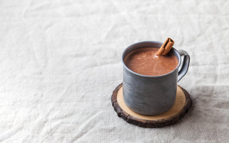 Hot chocolate in a metal mug with a cinnamon stick on the tablecloth. Copy space. High quality photoの写真素材
