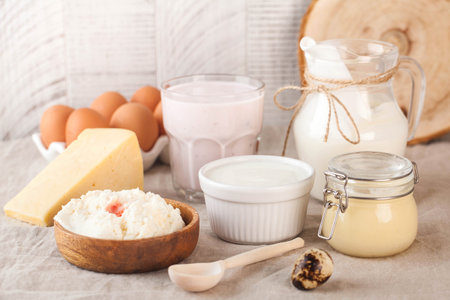 A variety of dairy products, cheese, farm eggs. The concept of the farmer's market. High quality photoの写真素材