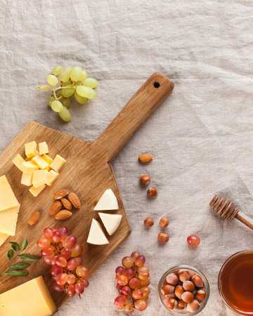 Cheese plate. Assorted cheeses on a wooden Board with grapes, honey, nuts on a linen tablecloth. High quality photoの写真素材