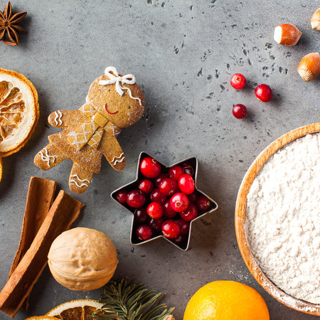 Christmas background with gingerbread and ginger cookie ingredients. Copy space. High quality photoの写真素材