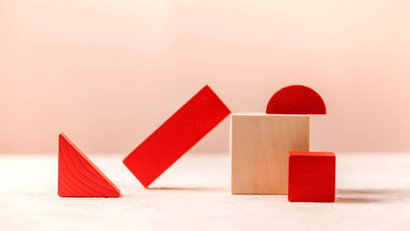 Empty wooden podiums abstract geometric forms for the presentation of products. High quality photoの写真素材