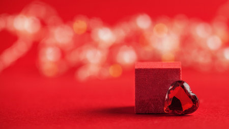 Empty podium for your products with a heart on a red background with bokeh. Concept of valentine's...