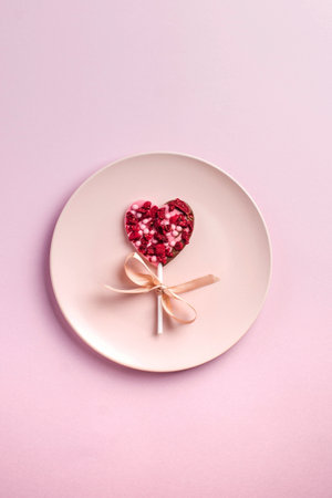 Chocolate heart on a pink plate on a pink background. The concept of a romantic dinner, Valentines...