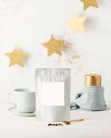 Aluminum bags with black tea with white labelの写真素材