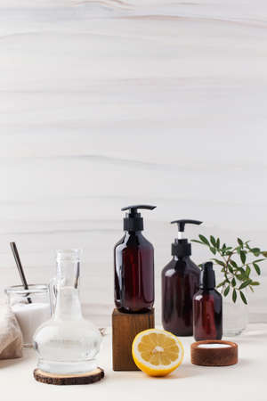 Eco-friendly natural cleaning products such as soda, lemon, vinegar. The concept of zero waste. Copy space.の写真素材