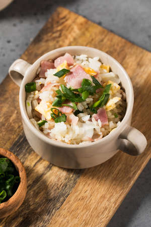 Fried rice with bacon and egg. Asian rice dish. Copy space.の写真素材