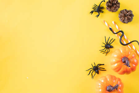 Halloween yellow background with spiders, pumpkins. Flat layout, top view. Copy space.の写真素材