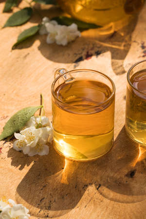 Green Chinese tea with jasmine in a mug with jasmine flowers.の写真素材