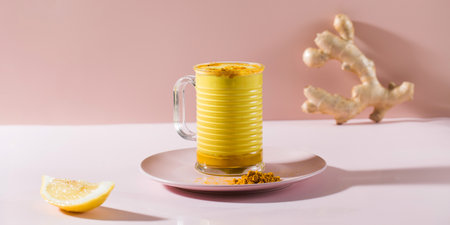 Banner golden latte with turmeric on a pink background. Moon milk for better sleep. Ayurvedic drink....