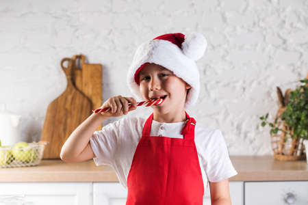 Smiling little boy wearing Santa hat and red apron holding big red candy in the kitchenの写真素材