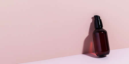 Banner mockup brown dispenser with a natural cosmetic product on a pink background with shadows. Zero West.の写真素材