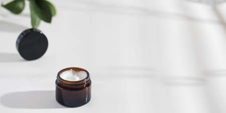 An open jar with a nourishing skin cream on a white background with shadows and a green plant.
