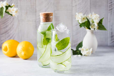 Detox water with cucumber, mint and lemon juice. Cucumber water.の写真素材