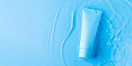 Mock up tube with cosmetic product for moisturizing in water on blue background. Template for designの写真素材