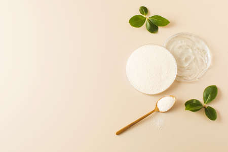 Samples of collagen powder and hyaluronic acid in Petri dishes. Copy spaceの写真素材