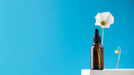 A brown glass dropper with a cosmetic product on a podium on a blue background with a white flower....