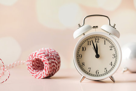 The hands of the clock on the alarm clock show 5 minutes to midnight. The concept of New Years Eve...