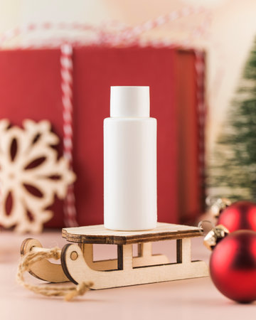 Mockup of a bottle with a skin care cosmetic product on a Christmas background. New Years advertising of cosmetics.の写真素材