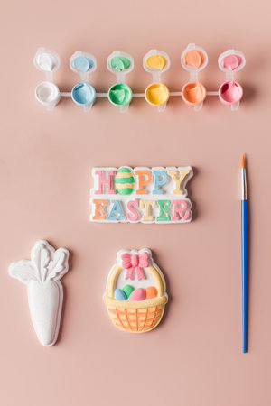 Easter figures made of plaster with paints, the concept of childrens crafts for Easter.の写真素材