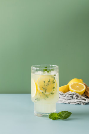 Homemade lemonade with fresh lemon slices and mint leaves in a glass. A summer refreshing drink.の写真素材