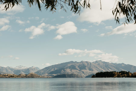 Landscape of a mountain lake in Wanaka, New Zealand. Travelの写真素材