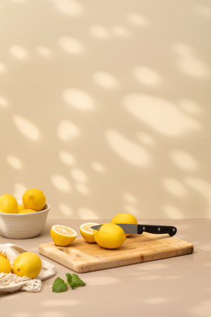 There is a juicy lemon cut in half with a knife on the board. Ripe yellow lemonsの写真素材